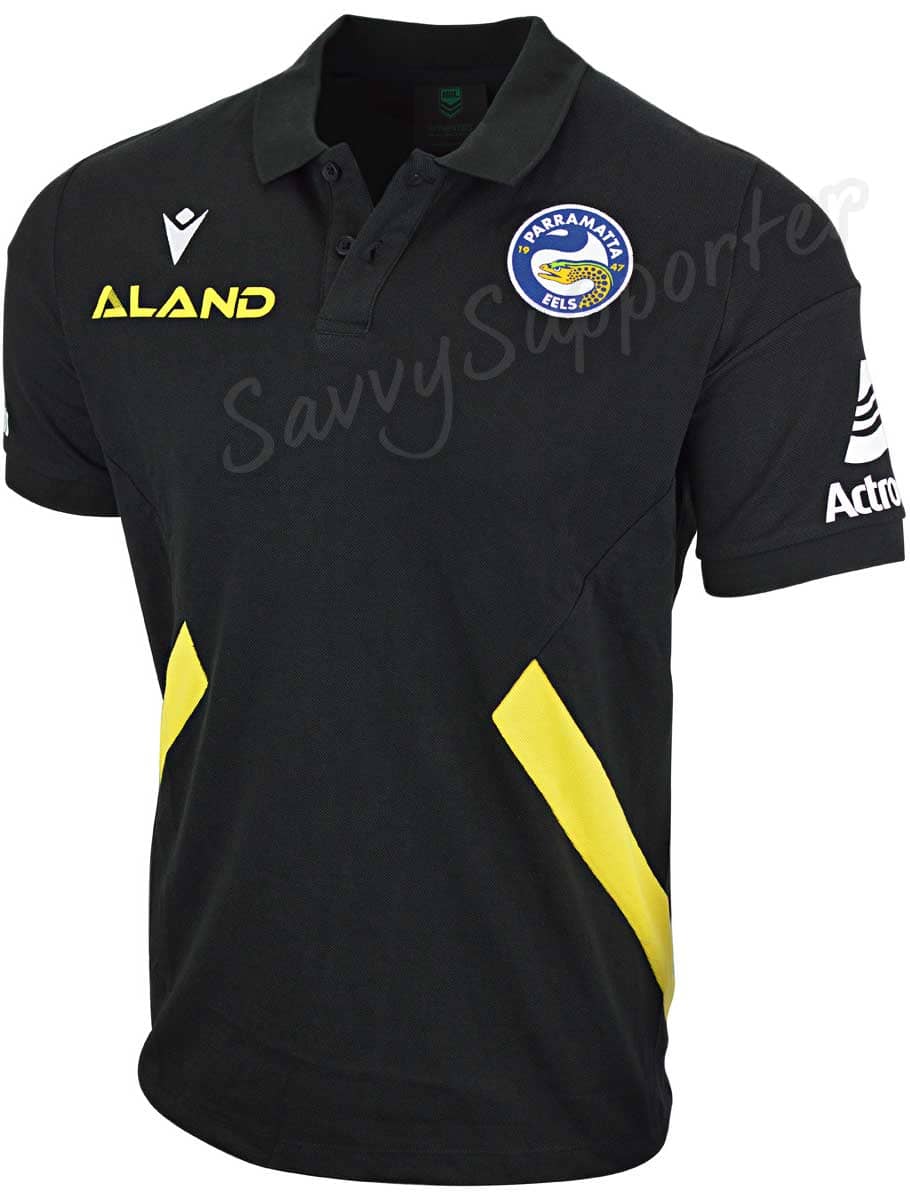 Parramatta Eels 2023 NRL Kids Black Travel Polo Shirt Parramatta Eels 2023 NRL Kids Black Travel Polo Shirt