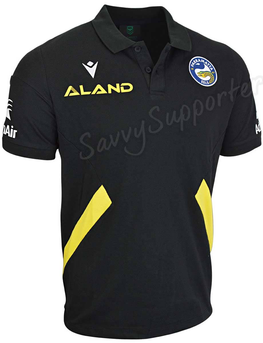 Parramatta Eels 2023 NRL Kids Black Travel Polo Shirt Parramatta Eels 2023 NRL Kids Black Travel Polo Shirt