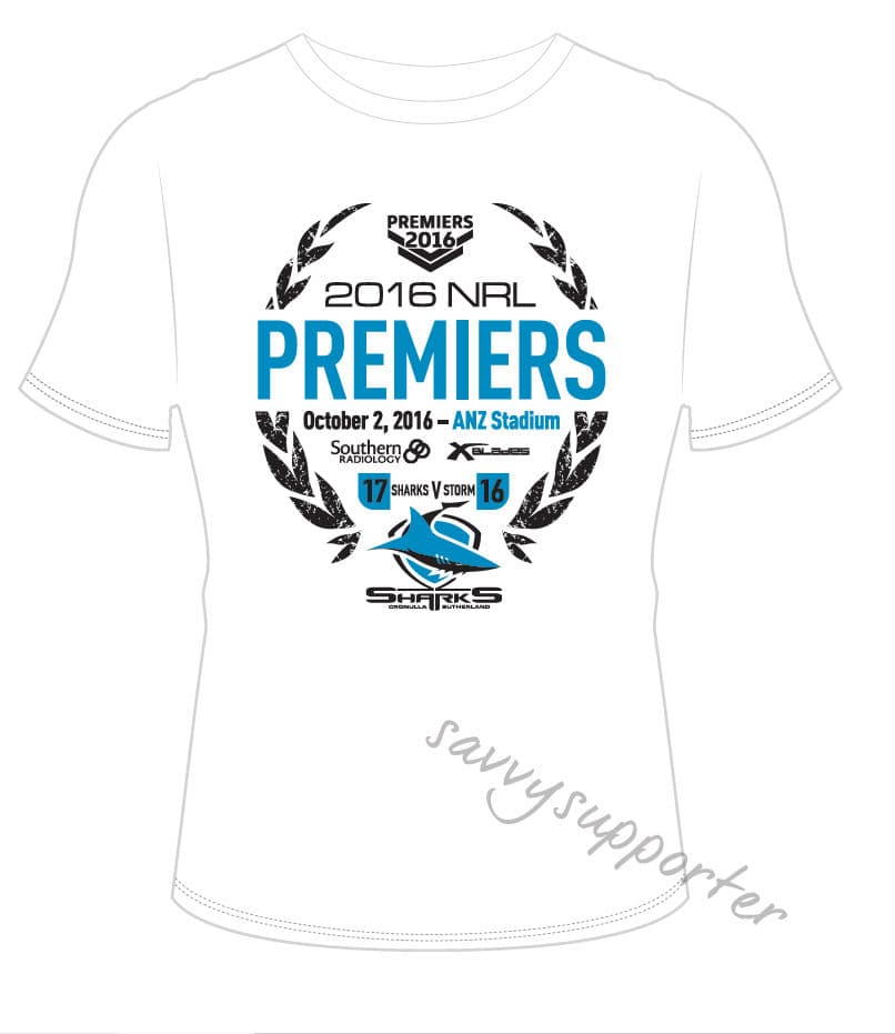 Cronulla Sharks 2016 NRL XBlades White Premiers Tee Shirt Mens, Ladies and Kids
