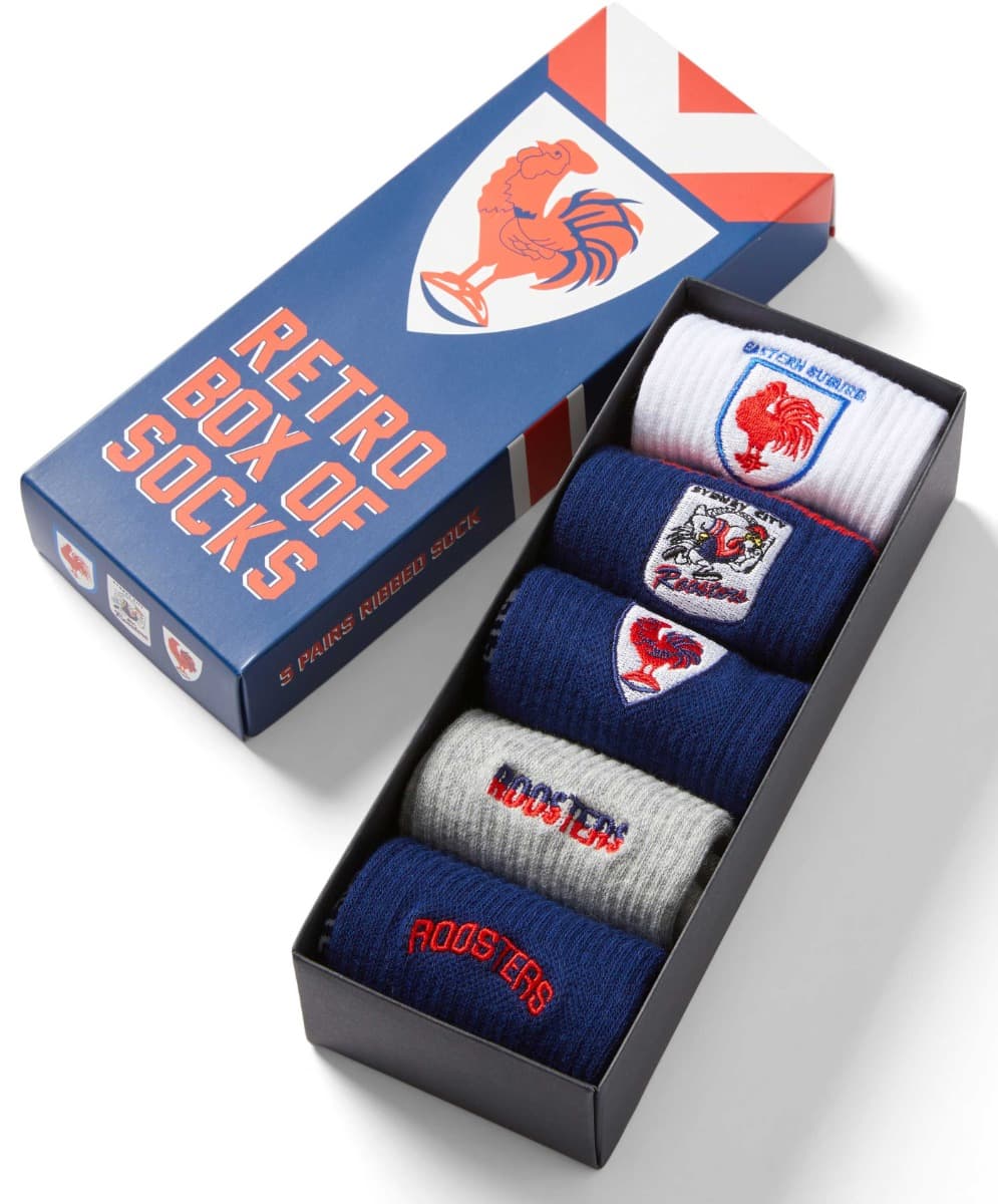 Sydney Roosters 2025 NRL Retro 5 Pack Box Socks