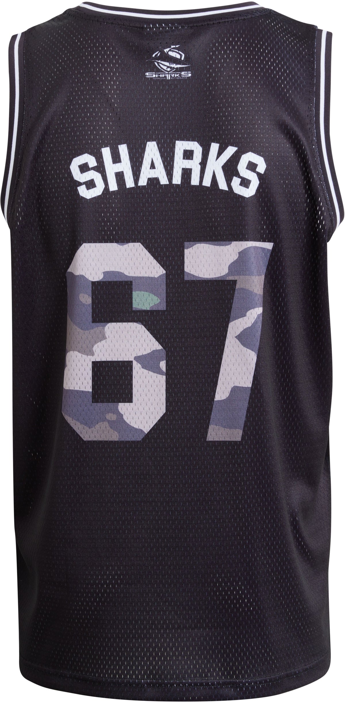 Cronulla Sharks 2027 NRL Mens Camo Basketball Singlet Cronulla Sharks 2027 NRL Mens Camo Basketball Singlet