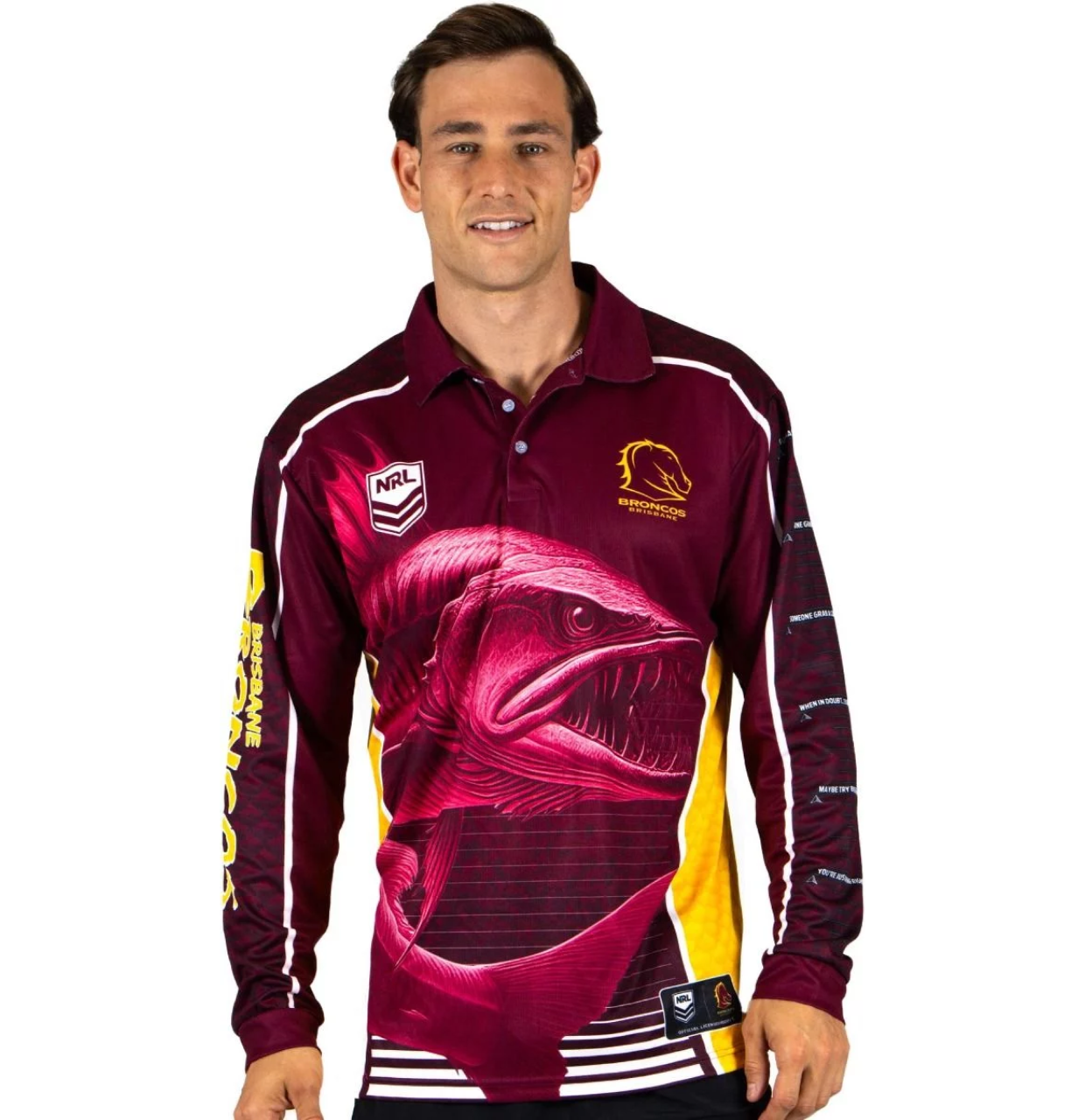 Brisbane Broncos 2025 NRL Mens Barracuda Fishing Shirt