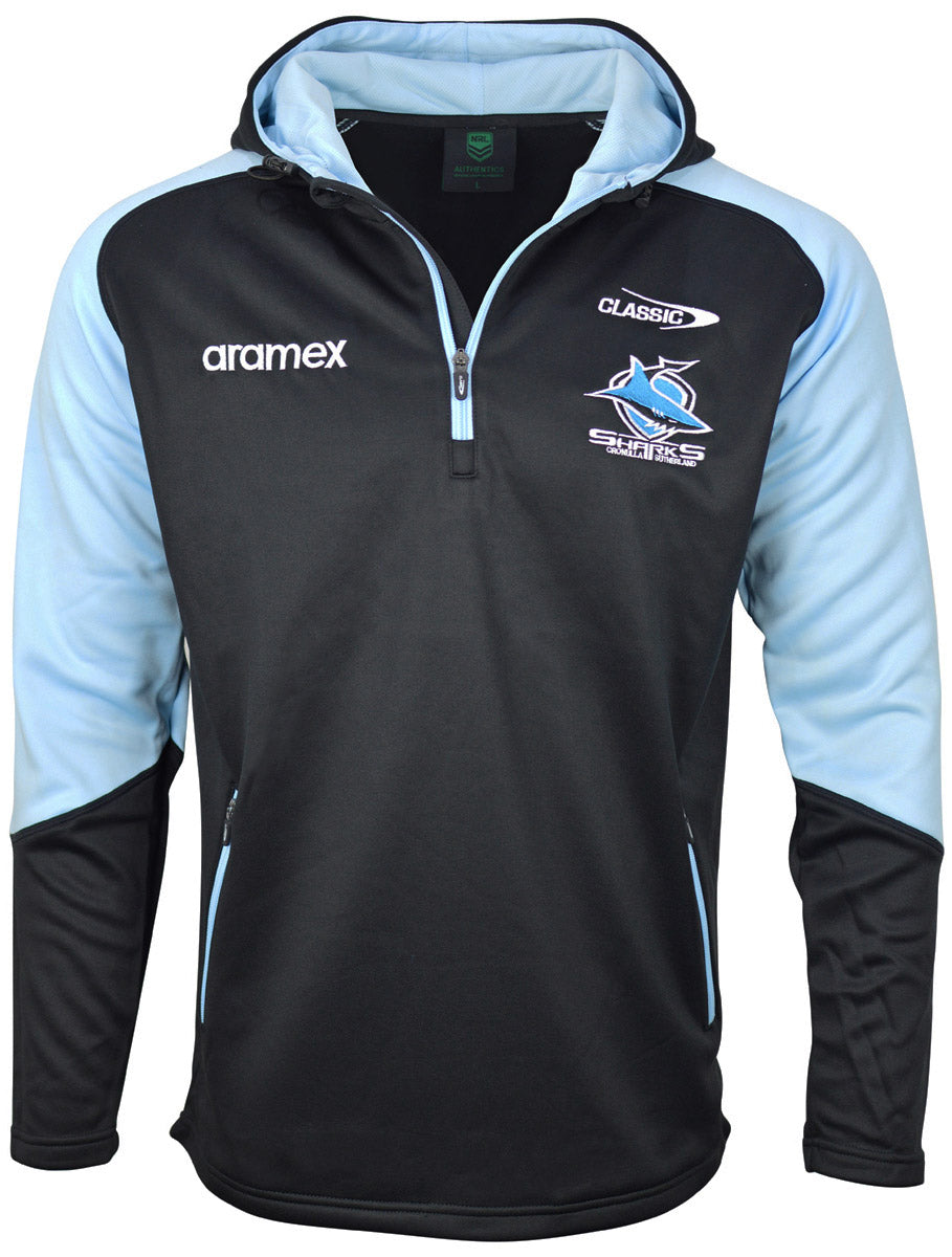 Cronulla Sharks NRL Mens 1/4 Zip Warm Up Fleece Hoody Cronulla Sharks NRL Mens 1/4 Zip Warm Up Fleece Hoody