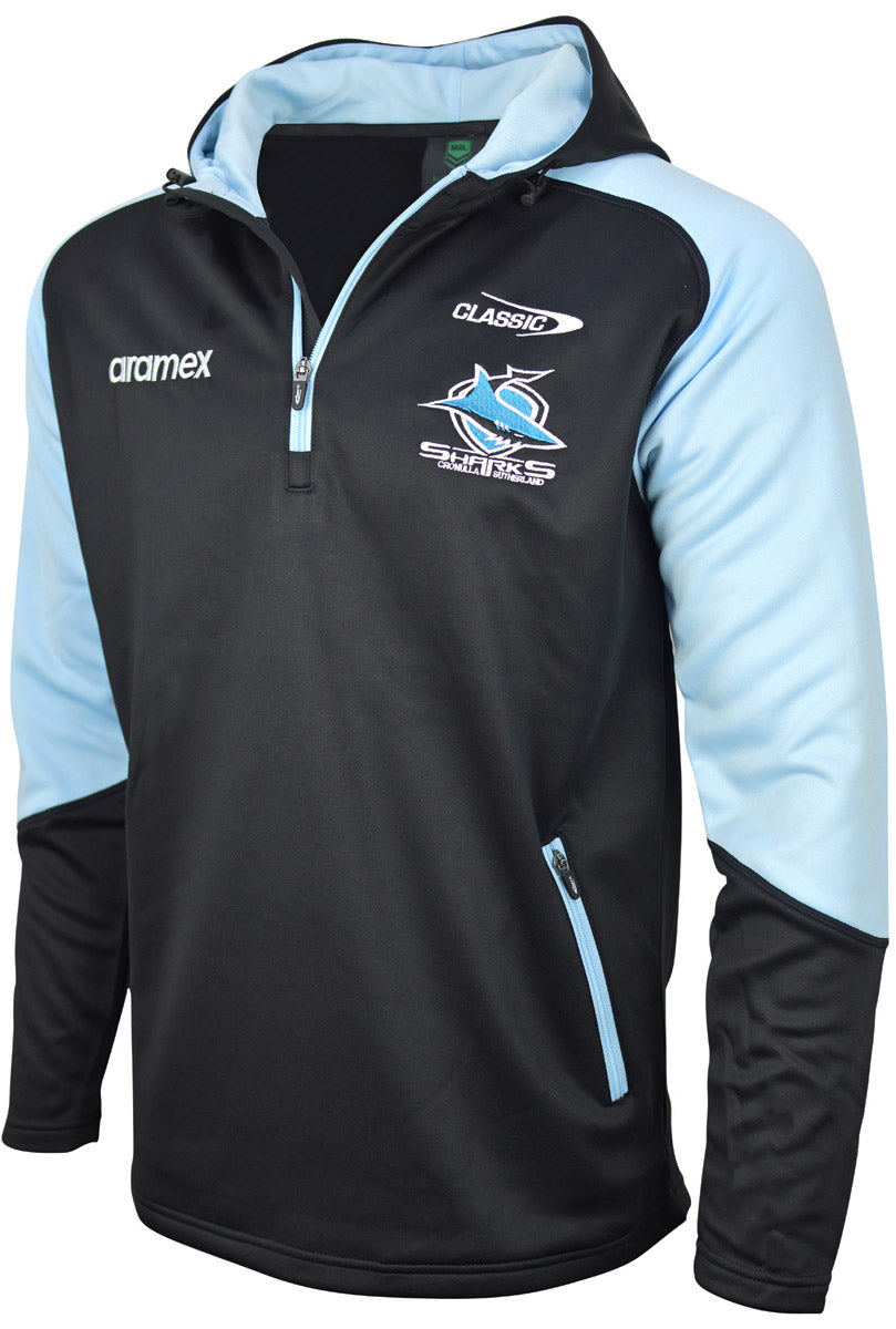 Cronulla Sharks NRL Mens 1/4 Zip Warm Up Fleece Hoody Cronulla Sharks NRL Mens 1/4 Zip Warm Up Fleece Hoody