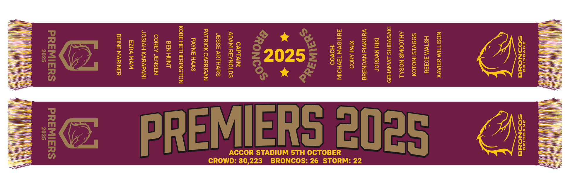 Brisbane Broncos 2025 NRL Premiers Scarf  *PRESALE* Brisbane Broncos 2025 NRL Premiers Scarf  *PRESALE*