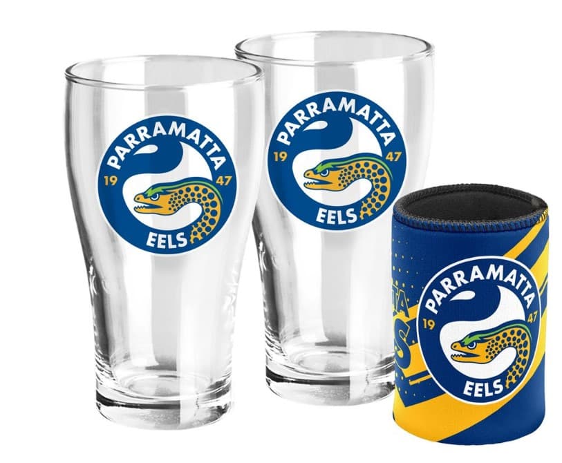 Parramatta Eels NRL 2 Pint Glasses & Can Cooler Parramatta Eels NRL 2 Pint Glasses & Can Cooler
