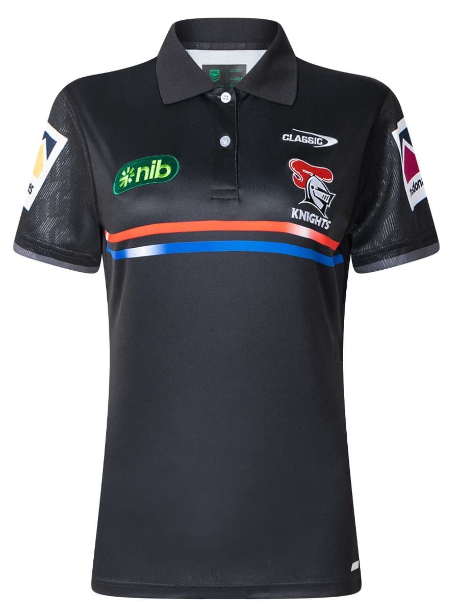 Newcastle Knights 2025 NRL Ladies Black Media Polo Shirt