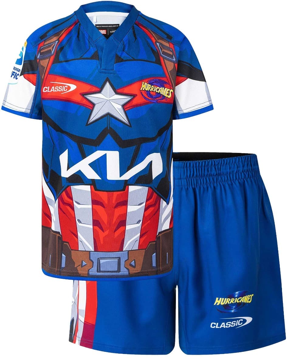 Wellington Hurricanes 2025 Rugby Union Toddler Captain America Marvel Jersey & Short Set
