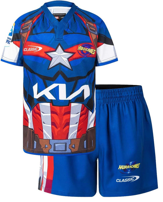 Wellington Hurricanes 2025 Rugby Union Toddler Captain America Marvel Jersey & Short Set Wellington Hurricanes 2025 Rugby Union Toddler Captain America Marvel Jersey & Short Set