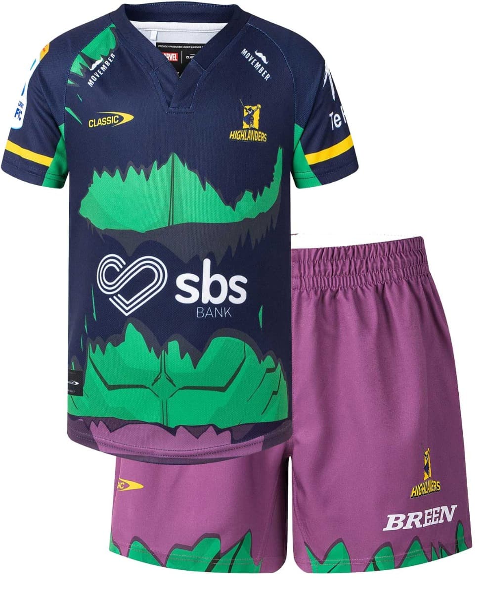 Otago Highlanders 2025 Rugby Union Toddler Hulk Marvel Jersey & Short Set