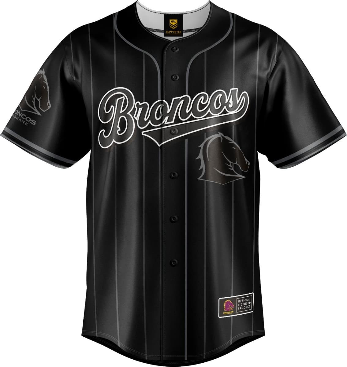 Brisbane Broncos 2025 NRL Mens Blackout Baseball Shirt
