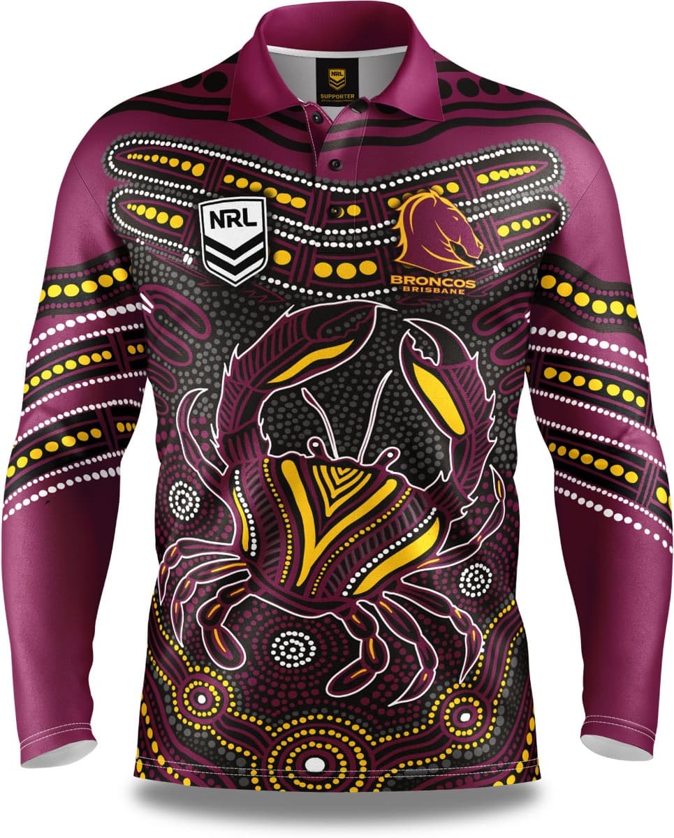 Brisbane Broncos 2025 NRL Mens Karumba Indigenous Fishing Shirt