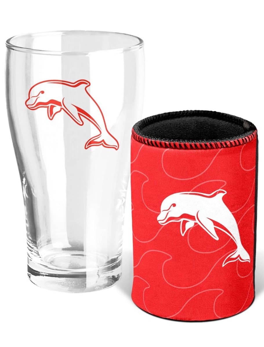 Dolphins NRL Heritage Team Logo Pint Beer Glass & Cooler Gift Set Dolphins NRL Heritage Team Logo Pint Beer Glass & Cooler Gift Set