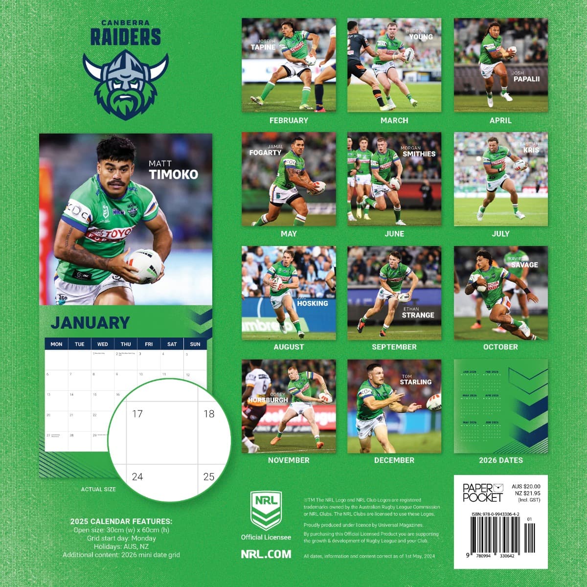 Canberra Raiders 2025 NRL Team Wall Calendar