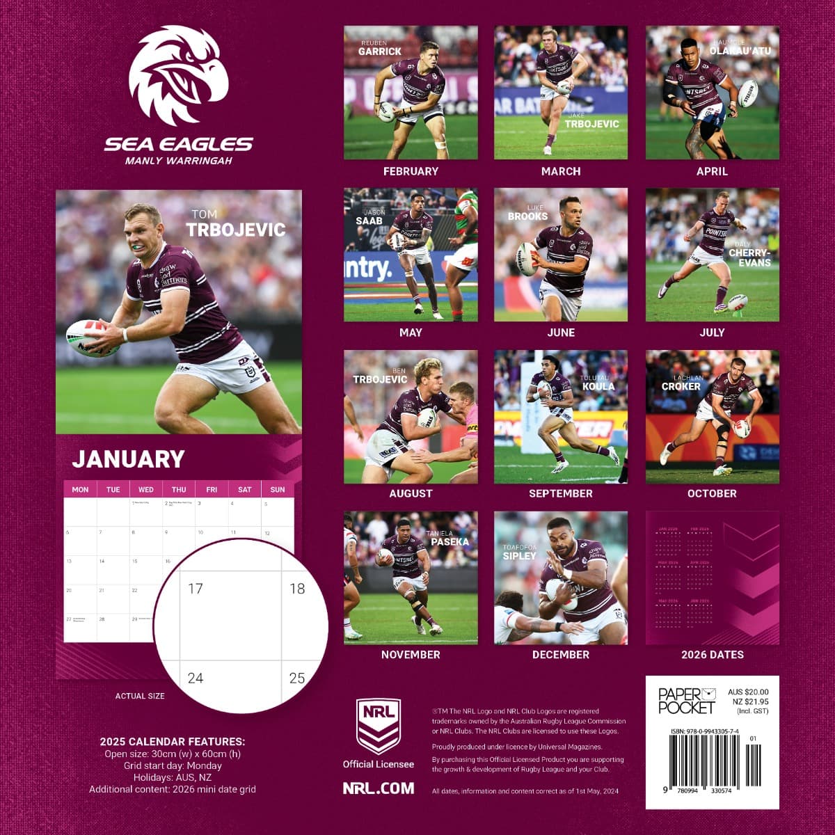Manly Sea Eagles 2025 NRL Team Wall Calendar