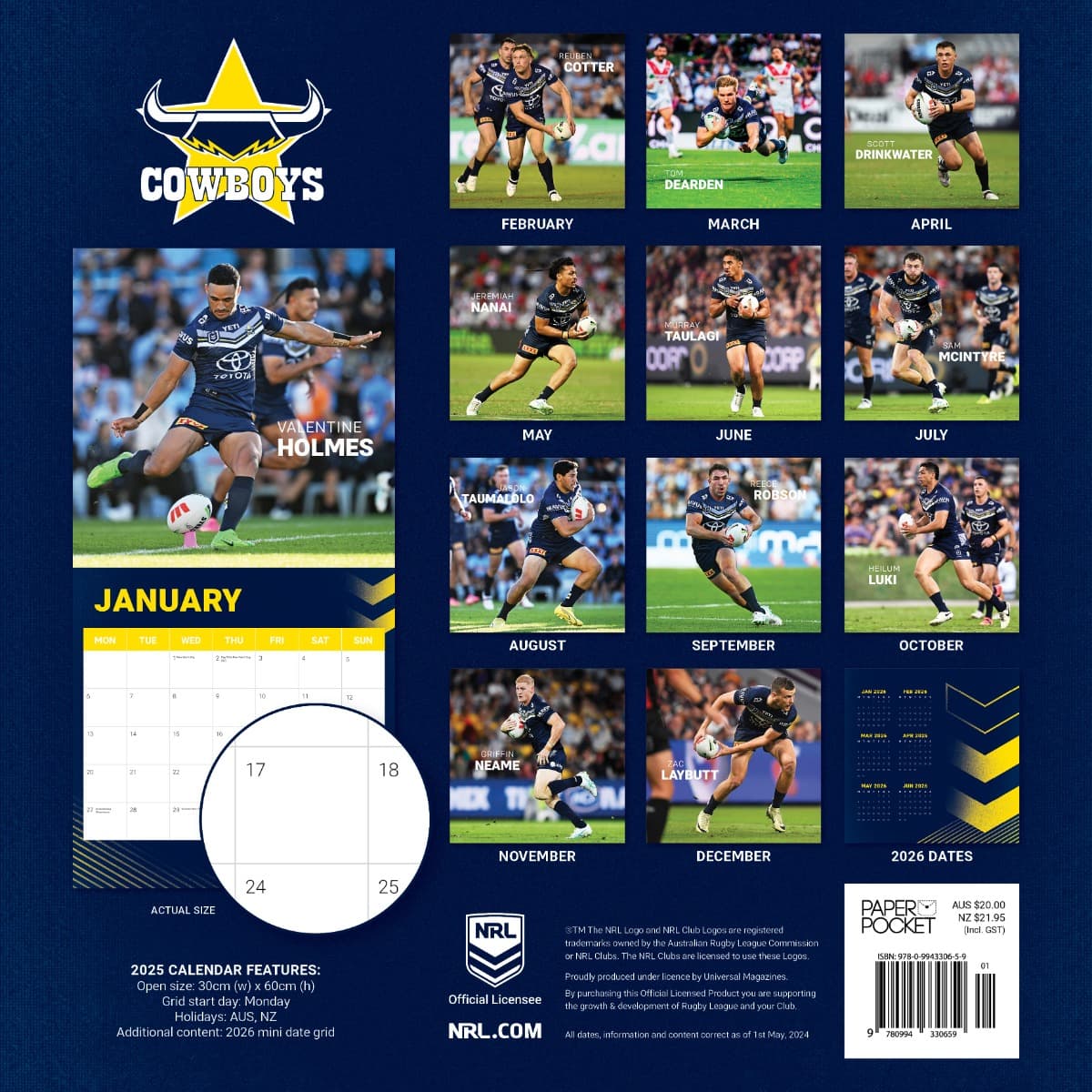 North Queensland Cowboys 2025 NRL Team Wall Calendar