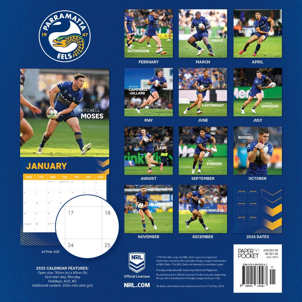 Parramatta Eels 2025 NRL Team Wall Calendar