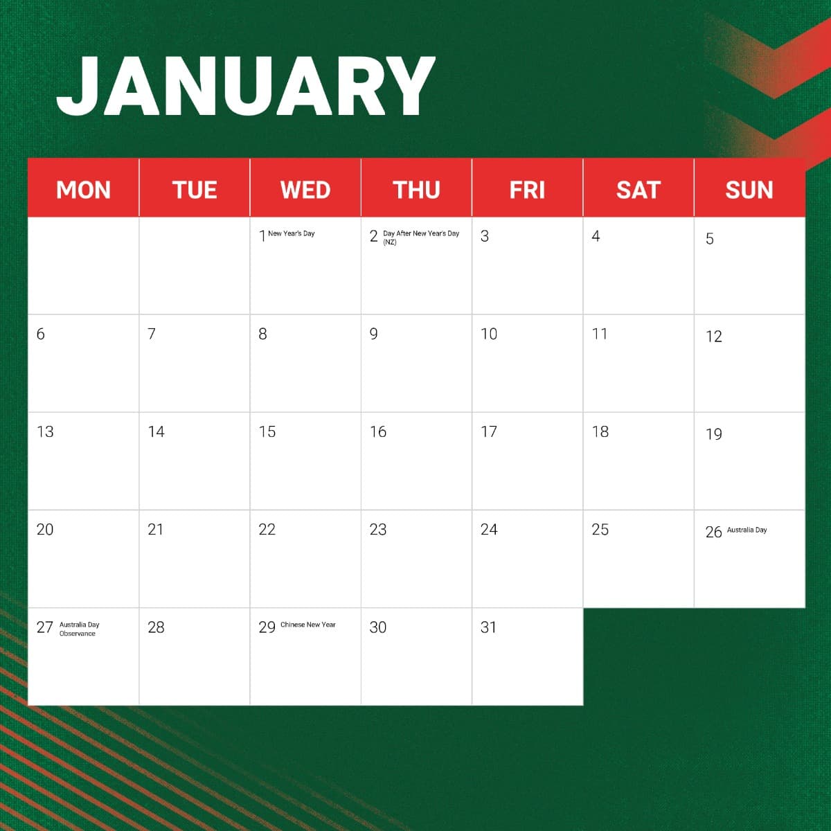 South Sydney Rabbitohs 2025 NRL Team Wall Calendar