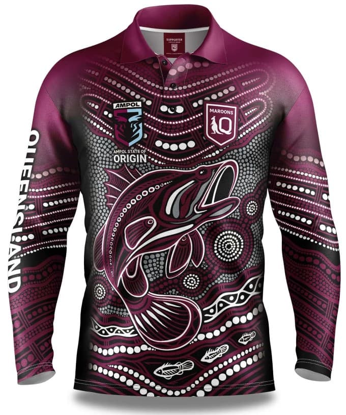 QLD Maroons State of Origin NRL Mens Jumping Barra Fishing Shirt