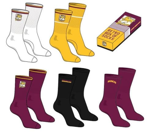 Brisbane Broncos 2025 NRL Retro 5 Pack Box Socks Brisbane Broncos 2025 NRL Retro 5 Pack Box Socks