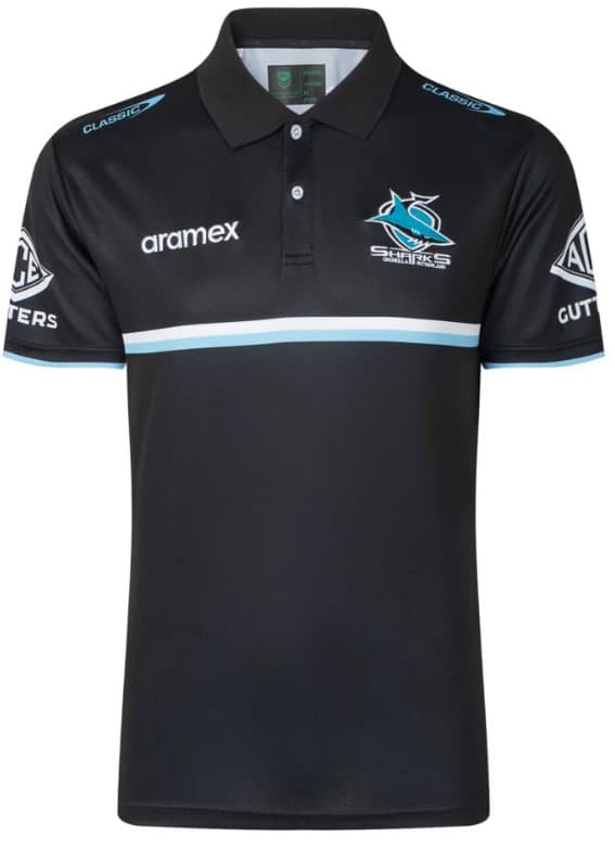 Cronulla Sharks 2023 NRL Mens Black Media Polo Shirt Cronulla Sharks 2023 NRL Mens Black Media Polo Shirt