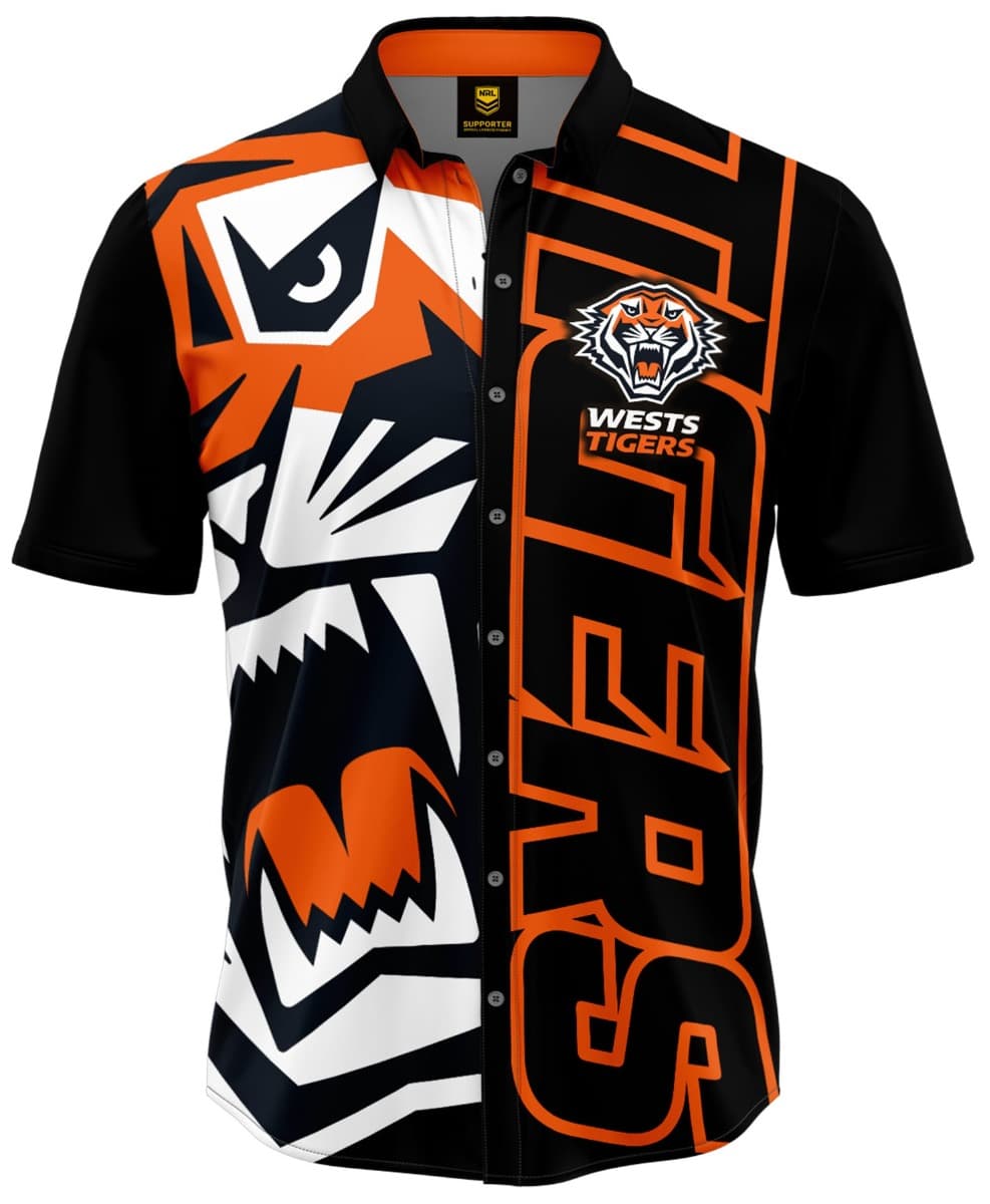 Wests Tigers NRL Mens Showtime Party Shirt Wests Tigers NRL Mens Showtime Party Shirt