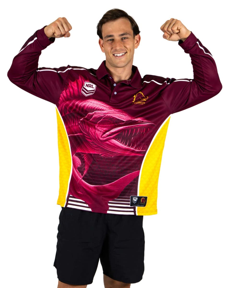 Brisbane Broncos 2025 NRL Mens Barracuda Fishing Shirt
