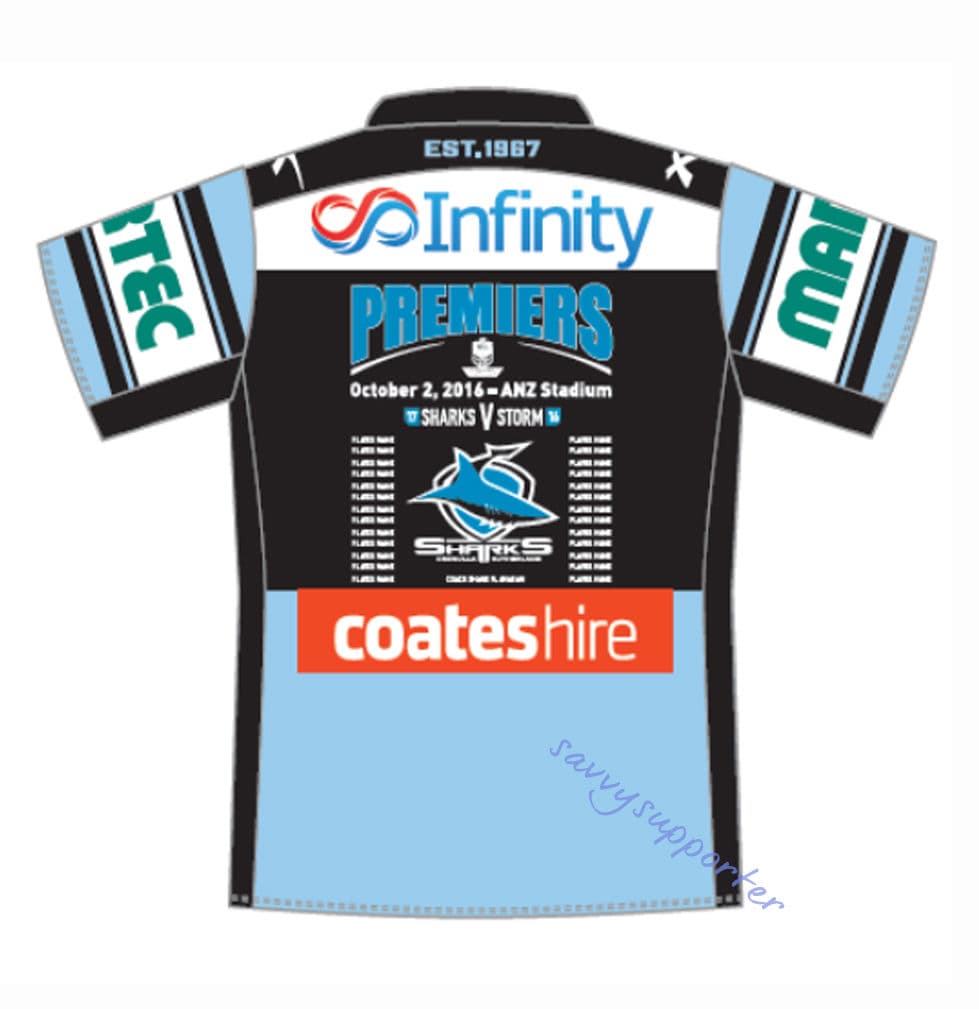 Cronulla Sharks 2016 NRL Premiers Home Jersey Mens, Ladies and Kids