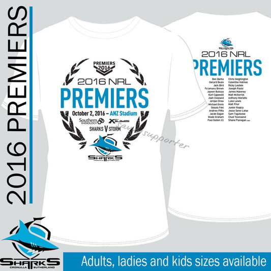 Cronulla Sharks 2016 NRL XBlades White Premiers Tee Shirt Mens, Ladies and Kids
