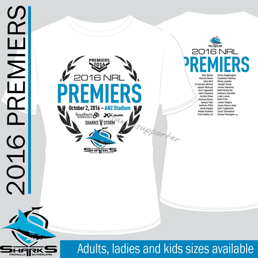 Cronulla Sharks 2016 NRL XBlades White Premiers Tee Shirt Mens, Ladies and Kids