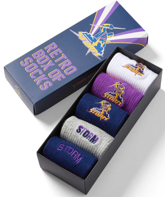 Melbourne Storm 2025 NRL Retro 5 Pack Box Socks