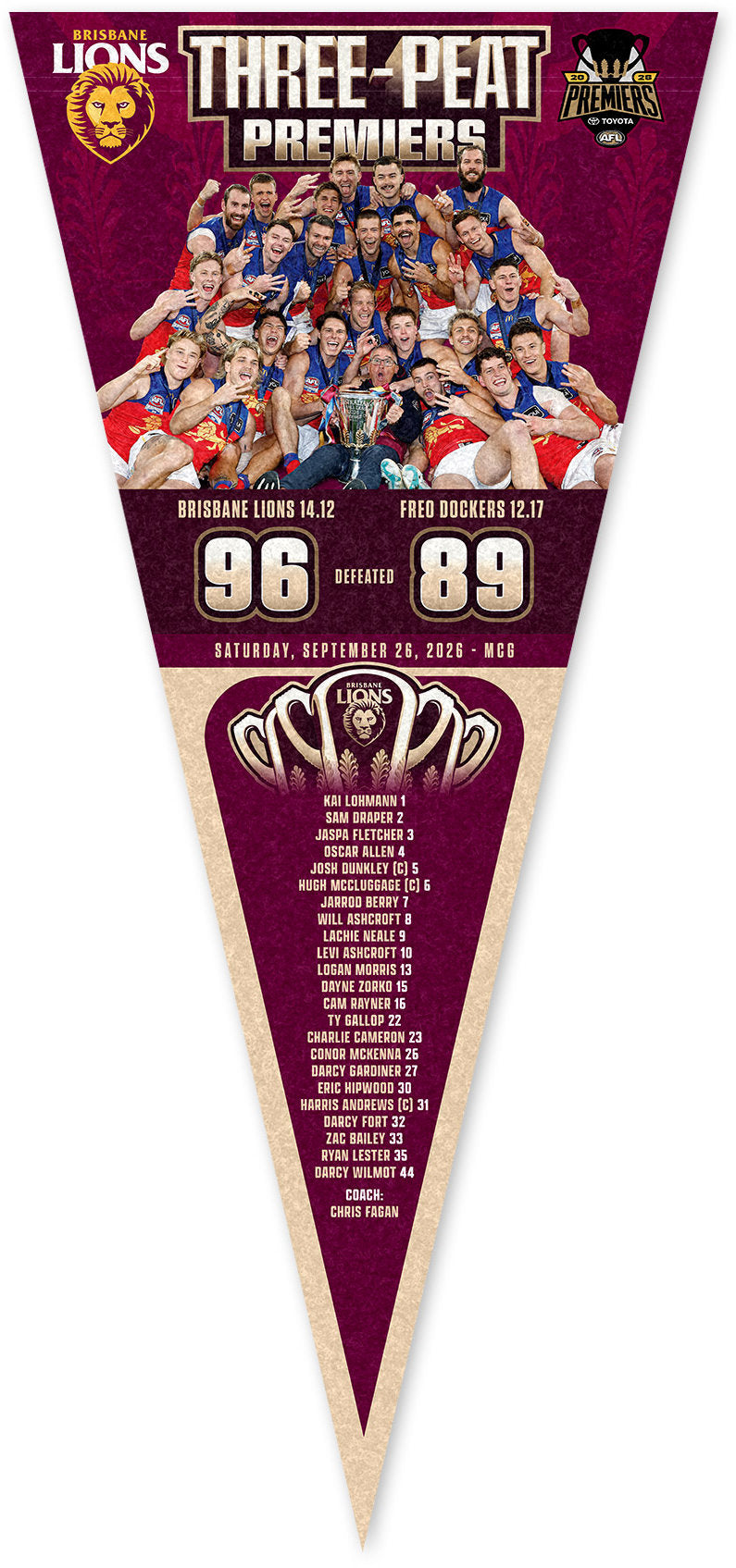 Brisbane Lions 2026 AFL Premiers Team Pennant *PRESALE*