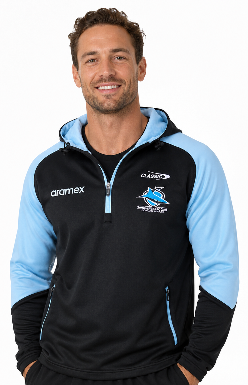 Cronulla Sharks NRL Mens 1/4 Zip Warm Up Fleece Hoody