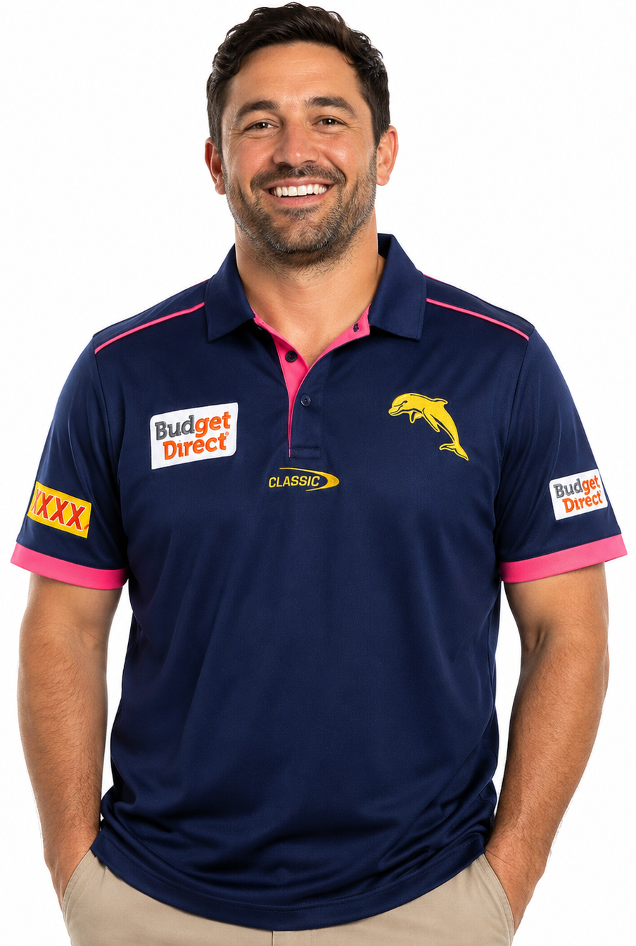 Dolphins 2026 NRL Mens Navy Media Polo Shirt