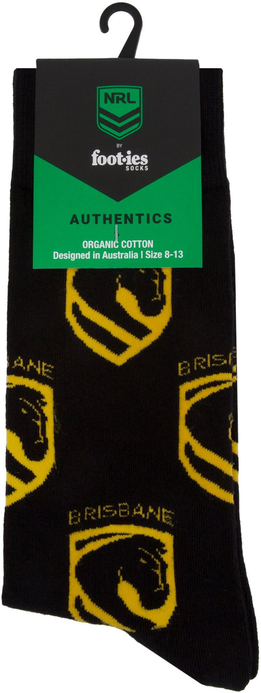 Brisbane Broncos 2026 NRL Mens 8-13 Black Cotton Crew Sock