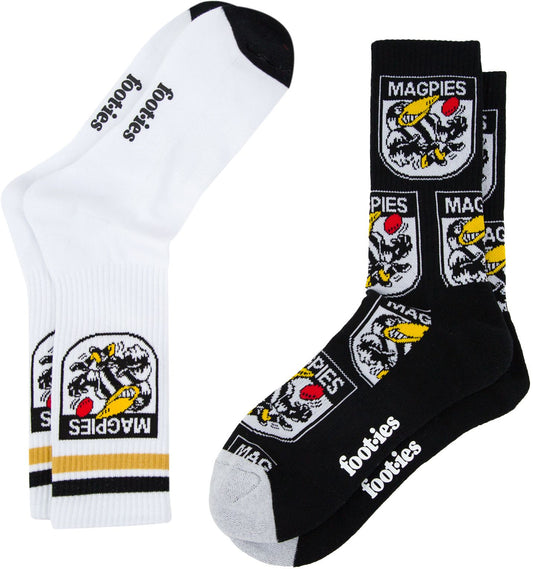 Collingwood Magpies 2026 AFL Mens 8-13 Retro Sneaker Sock 2 Pack