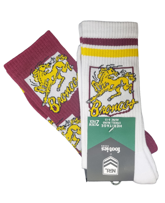 Brisbane Broncos 2026 NRL Mens 8-13 Retro Sneaker Sock 2 Pack