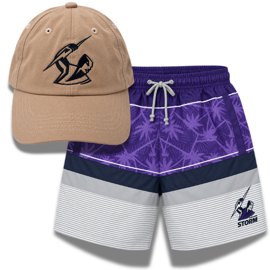 Melbourne Storm NRL Mens Beach Shorts and Hat Combo