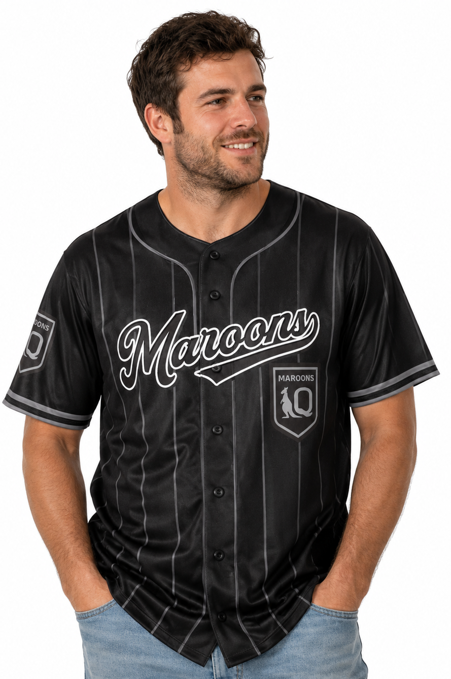 QLD Maroons 2026 NRL Mens Blackout Baseball Shirt
