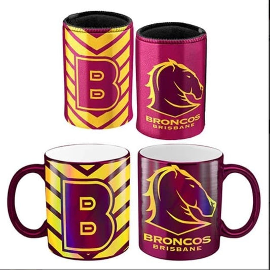 Brisbane Broncos NRL Metallic Can Cooler and Mug Pack