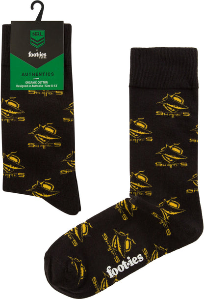 Cronulla Sharks 2026 NRL Mens 8-13 Black Cotton Crew Sock