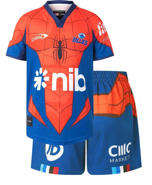 Auckland Blues 2025 Rugby Union Toddler Spiderman Marvel Jersey & Short Set