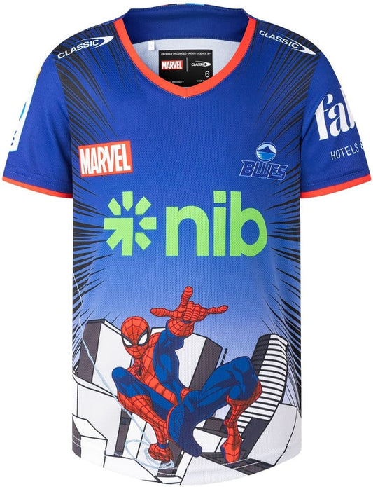 Auckland Blues 2025 Rugby Union Kids Spiderman Marvel Warm Up Tee