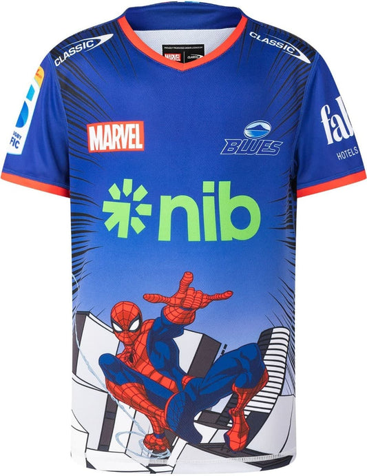 Auckland Blues 2025 Rugby Union Mens Spiderman Warm Up Tee