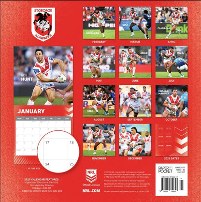 St George Illawarra Dragons 2025 NRL Team Wall Calendar