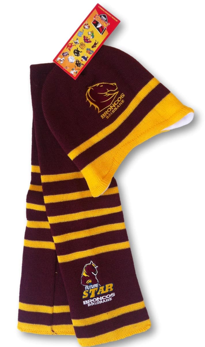Brisbane Broncos NRL Toddler Mascot Beanie and Scarf Combo size 0-2 years
