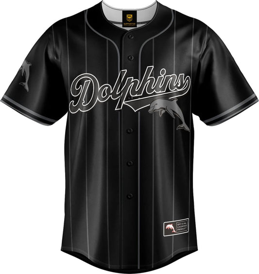 Dolphins 2025 NRL Mens Blackout Baseball Shirt