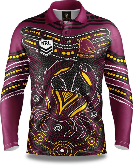 Brisbane Broncos 2025 NRL Mens Karumba Indigenous Fishing Shirt