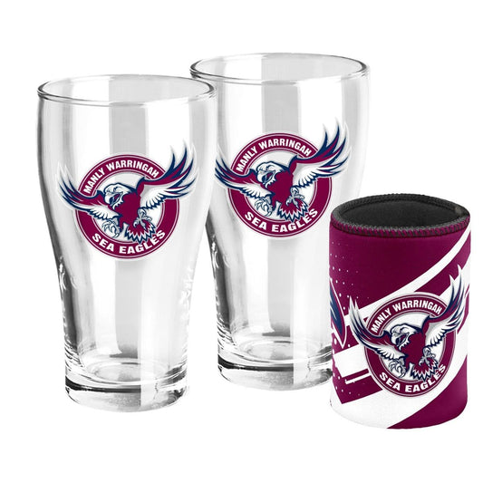 Manly Sea Eagles NRL 2 Pint Glasses & Can Cooler