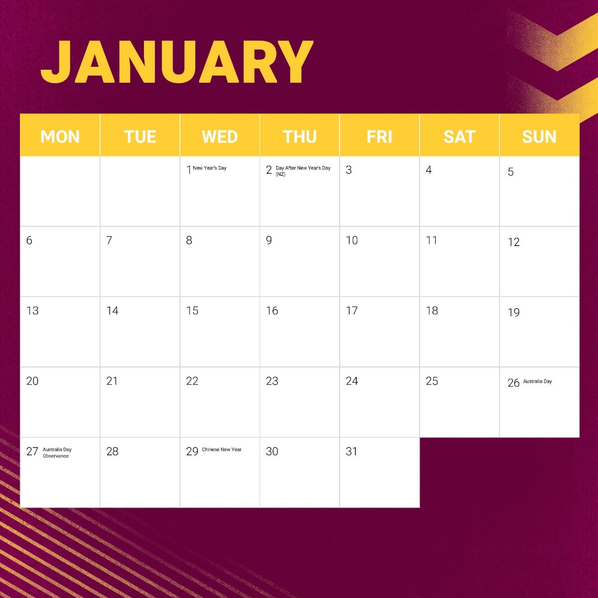 Brisbane Broncos 2025 NRL Team Wall Calendar